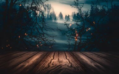 Fototapeta premium Mysterious forest path illuminated by ethereal light with wooden foreground