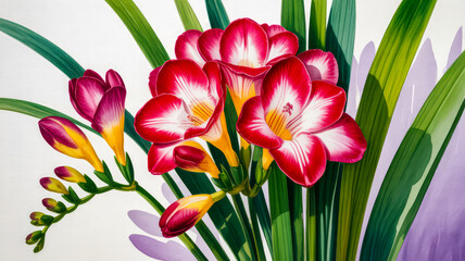 Vibrant red and white freesia blooms with yellow buds