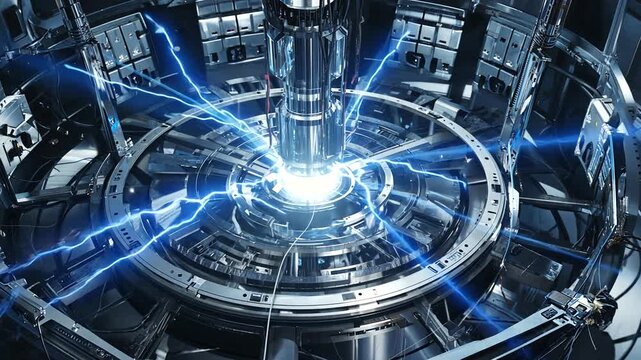High-tech energy core emitting electric arcs within a futuristic laboratory setting