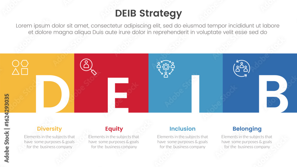 Poster deib diversity strategy infographic 4 point stage template with square box full width horizontal and