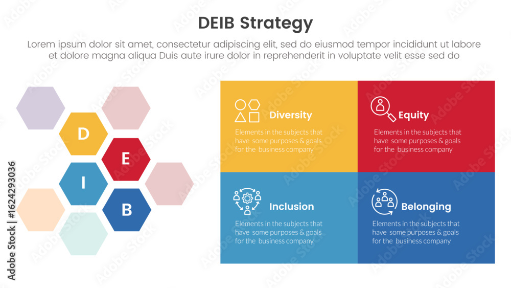 Poster deib diversity strategy infographic 4 point stage template with hexagonal honeycomb and rectangle bo