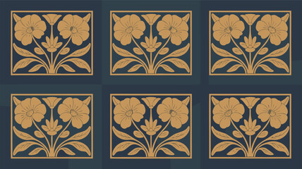 Repeating Square Floral Pattern with Gold Flowers and Leaves on a Dark Background