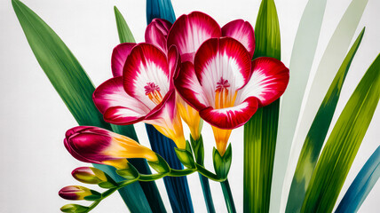 Vibrant red and white freesia blossoms with green leaves