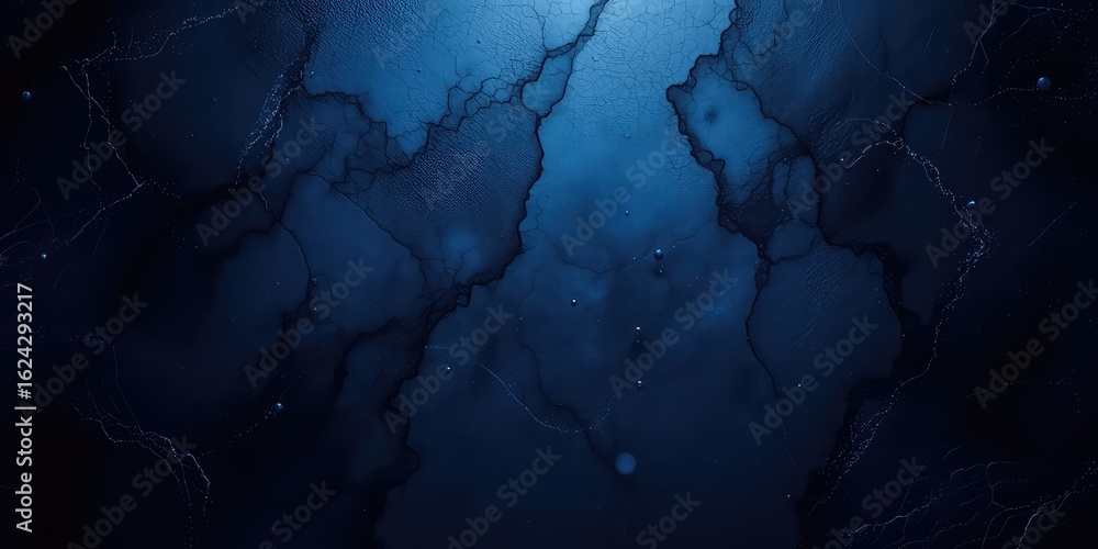 Poster Abstract texture of fractured stone in shades of navy, crackled surface with marbleized effect and luminous bubbles creates a unique digital background
