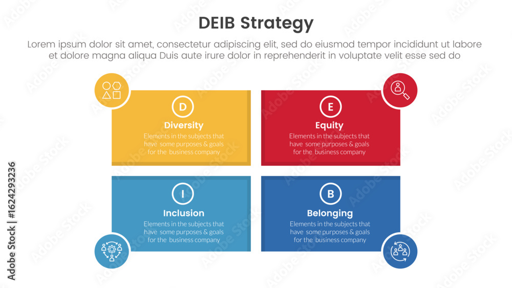 Poster deib diversity strategy infographic 4 point stage template with rectangle shape and circle badge on 