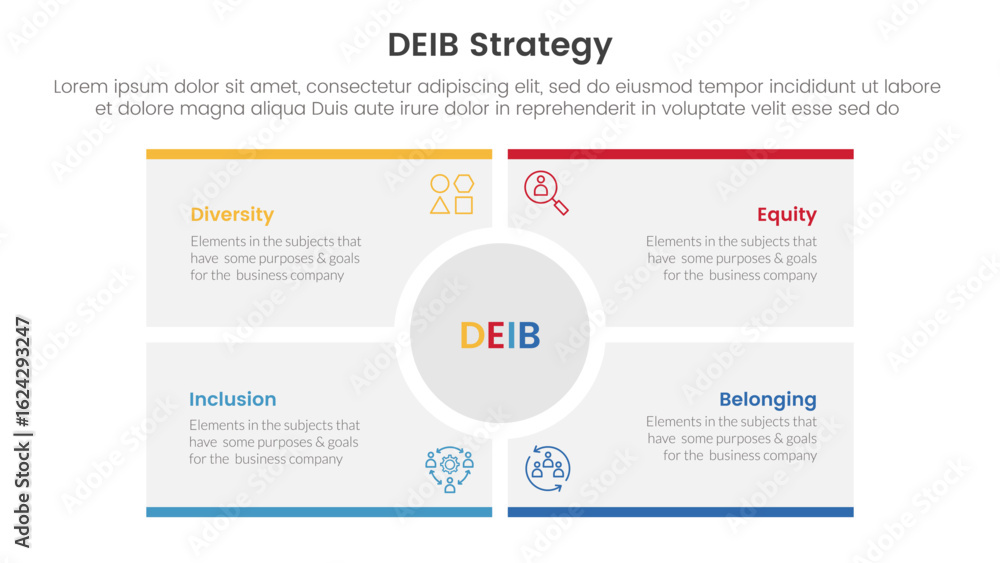 Aufkleber deib diversity strategy infographic 4 point stage template with big circle center rectangle square f