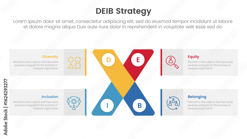 Poster deib diversity strategy infographic 4 point stage template with x cross shape and rectangle box for 