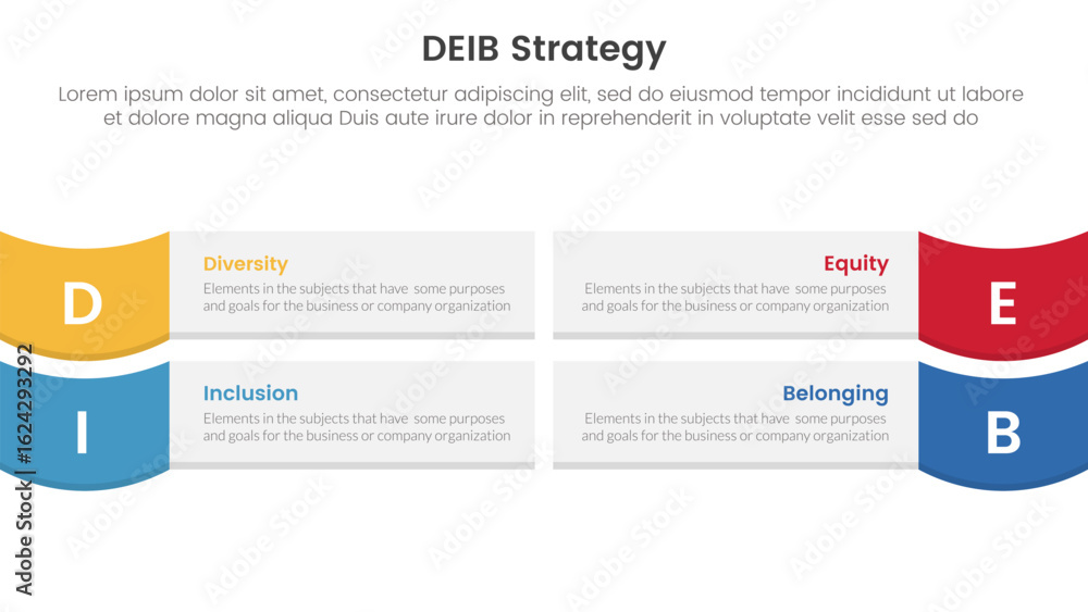 Poster deib diversity strategy infographic 4 point stage template with rectangle box and wave on edge for s