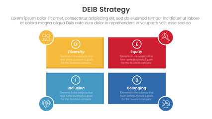 DEIB diversity strategy infographic 4 point stage template with rectangle shape and circle badge on edge for slide presentation