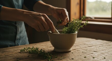 Hands Crushing Fresh Herbs in a Stone Mortar on a Rustic Wooden Table Near a Sunlit Window