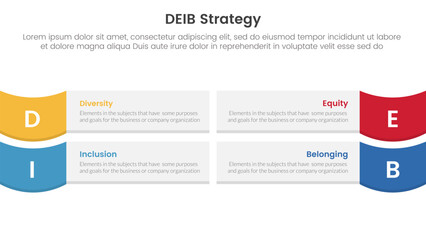 DEIB diversity strategy infographic 4 point stage template with rectangle box and wave on edge for slide presentation