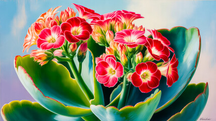 Vibrant red kalanchoe blossoms with succulent leaves