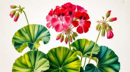 Vibrant red geraniums with lush green leaves flowers