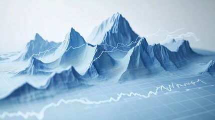 Abstract 3D mountain range topography with financial chart overlay.