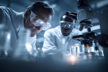 Scientists in white lab coats examining a microscope under blue lighting.
