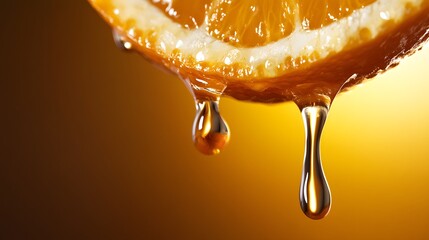 Dripping orange slice with glistening juice droplets against a w