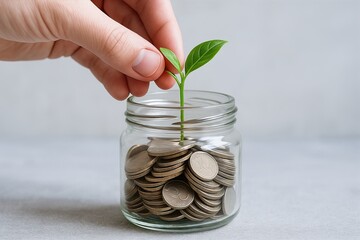 Female investor in real estate. A hand places a green sprout into a jar filled with coins