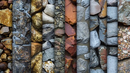 Photorealistic rock and stone textures featuring a variety of geological surfaces, perfect for adding natural, rugged elements to designs. The textures are displayed in large swatches, showcasing 