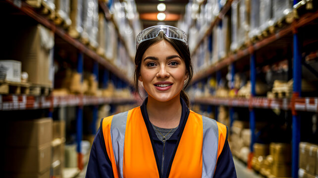 Warehouse worker wearing safety gear woman safety glasses