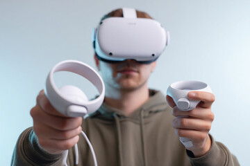 Person Using Virtual Reality Headset and Controllers – Modern Technology Concept Depicting Gaming, Immersive Experience, and Interaction in a Digital World

