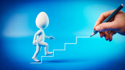 White figure climbing drawn stairs 3d rendered stylized