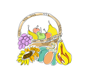 Basket with vegetables and fruits. Generous harvest. Color illustration Lan art. Vector
