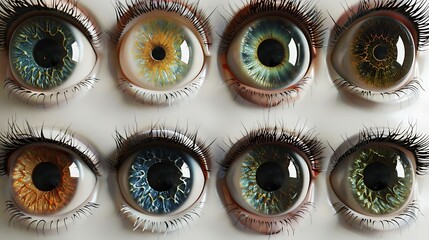 Photorealistic eye textures for 3D modeling, offering various iris colors and detailed patterns. The textures are displayed in close-up views, highlighting their potential for use in character 