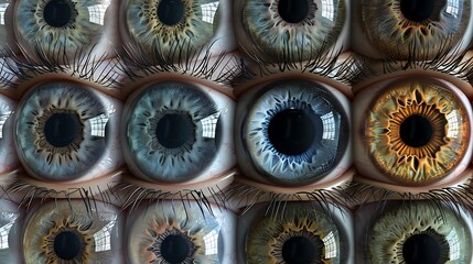 Photorealistic eye textures for 3D modeling, offering various iris colors and detailed patterns. The textures are displayed in close-up views, highlighting their potential for use in character 