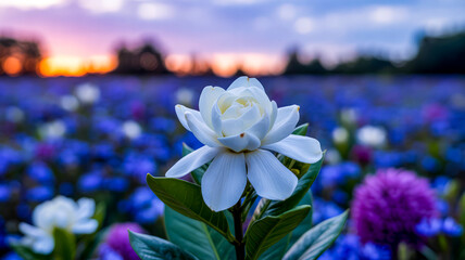 White flower field sunset gardenia blue flowers