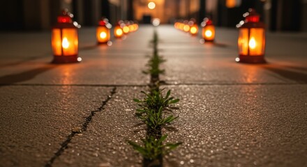 Pathway Illuminated by Lanterns and Overgrown Grass in Urban Environment at Nighttime