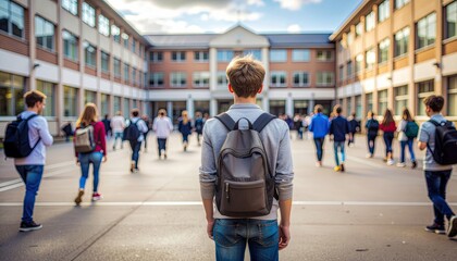 Wide shot of a student standing alone in a schoolyard while everyone else moves in blurred motion, surreal time-lapse feeling