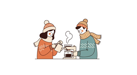 Winter Brew: Couple Pouring Coffee Illustration