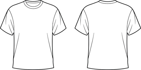 T-shirt line drawing template, front and back view, plain outline, fashion flat sketch, apparel design, clothing mockup, garment layout, vector illustration.