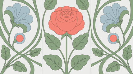 Elegant floral pattern a rose with leaves, stems and stylized blue flowers design