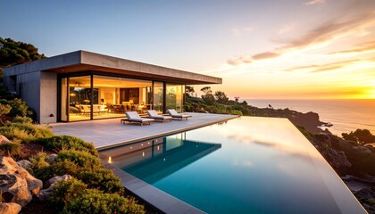 Fototapeta premium An exquisite modern villa featuring a luxurious infinity pool with a spectacular ocean view during a vibrant golden sunset.