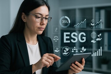 Female investor in real estate. A professional woman analyzes ESG data on a tablet representing sustainability and finance metrics.