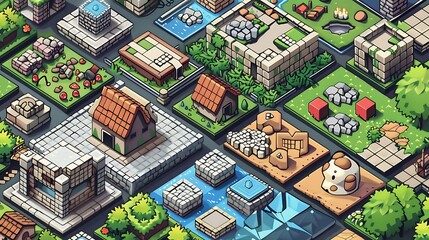 An isometric pixel art tile set featuring retro game design elements like landscapes, buildings, and characters. The tiles are displayed in a grid format, ready for use in 8-bit and 16-bit style 