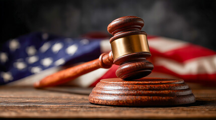 Gavel on a wooden table, the American flag is on blurred background. A concept for the justice and law system in the USA.