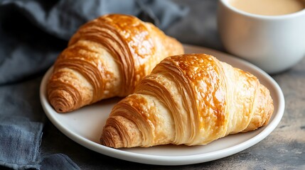 Two fresh french croissants with cup of coffee