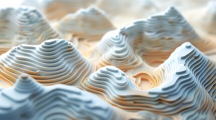 A 3D render of abstract topographic landscapes featuring layered terrain with intricate contours and elevation shading. The landscapes are displayed in a clean, minimalist setting, emphasizing 