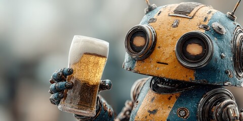 Robot enjoying a frothy beer in a bar setting