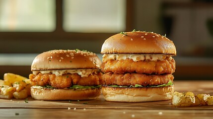 Two fresh burgers with fried potatoes on a wooden table