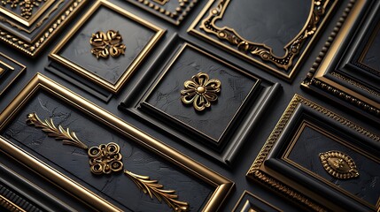 An Art Deco frame and border collection featuring elegant designs with geometric patterns and luxurious details. The frames are displayed on a dark background, highlighting their sophisticated, 