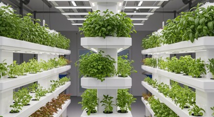Indoor Vertical Garden with Fresh Herbs and Lush Greenery in Modern Hydroponic System