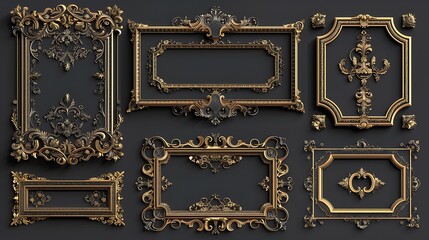 An Art Deco frame and border collection featuring elegant designs with geometric patterns and luxurious details. The frames are displayed on a dark background, highlighting their sophisticated, 