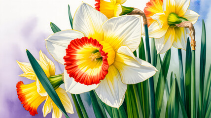 White yellow red daffodils flowers spring