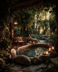 Serene outdoor spa oasis with nature setting and mood lighting 