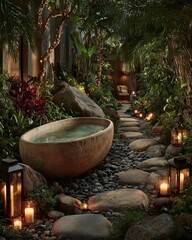 Tranquil outdoor spa area surrounded by nature at night