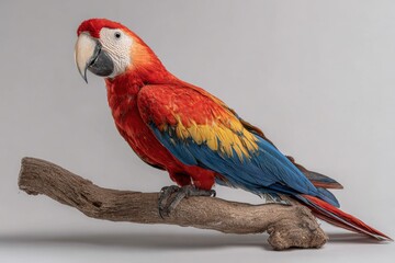 Obraz premium Vibrant scarlet macaw perched on a branch, showcasing its colorful feathers against a neutral backdrop
