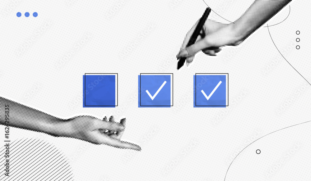 Poster trendy halftone collage hand with pen and check list. organized task processing. project plan. compl
